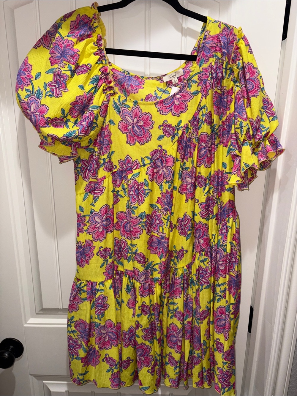 easel Lemon Yellow Floral Fit-and-Flare Dress with Pink Accents